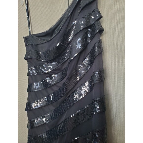 Tadashi Shoji Black Mesh Sequin One Shoulder Dress Cocktail Formal Party Size 8 - Picture 2 of 7